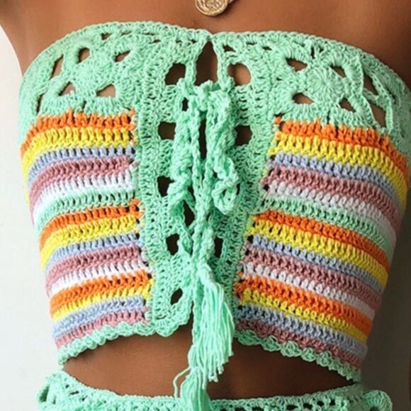 Crochet Multicolor Lace Up Front Tassels Tie Crop Top Handmade -NEW - Picture 4 of 4